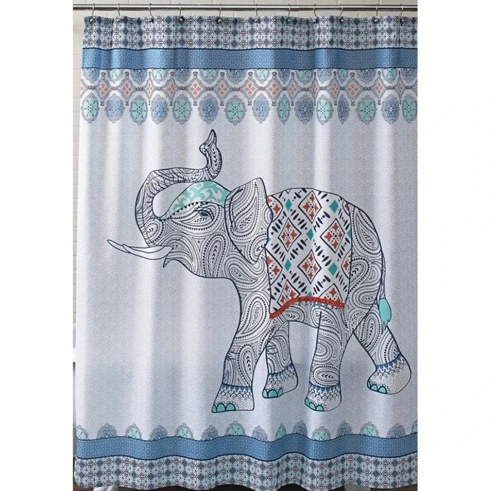 BH&G Global Elephant Shower Curtain Navy Blue Orange Fringe Tassel Boho NWOT